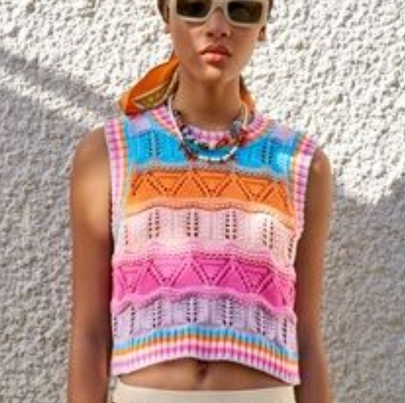 Zara Multicolor Pastel Stripe Crochet Open Knit Cropped Sleeveless Top Small - Picture 2 of 7